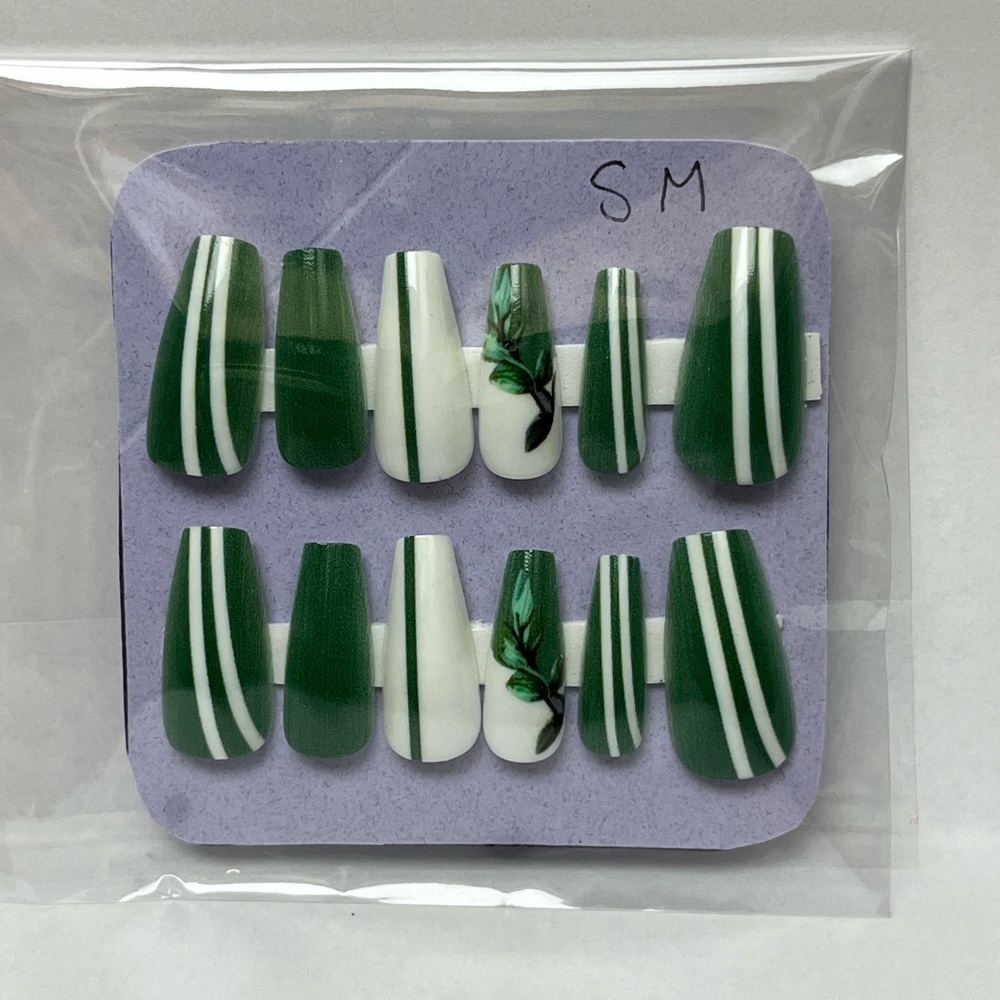 Green and White Striped Press-On Nails Small (5 for $20)